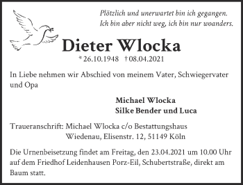 Anzeige von Dieter Wlocka von  Kölner Wochenspiegel 