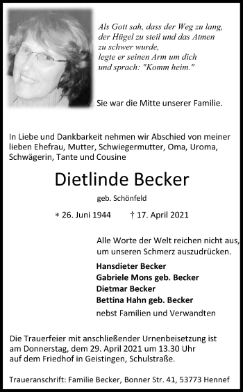 Anzeige von Dietlinde Becker von Kölner Stadt-Anzeiger / Kölnische Rundschau / Express