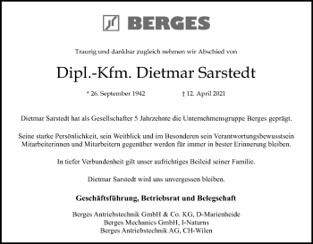 Anzeige von Dietmar Sarstedt von Kölner Stadt-Anzeiger / Kölnische Rundschau / Express