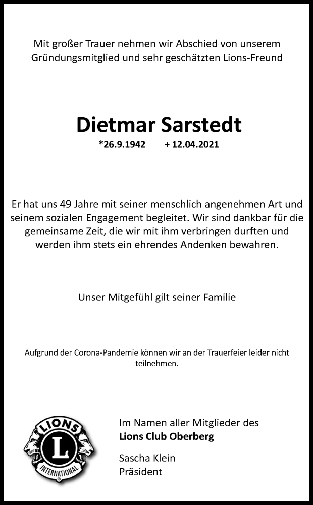  Traueranzeige für Dietmar Sarstedt vom 24.04.2021 aus Kölner Stadt-Anzeiger / Kölnische Rundschau / Express