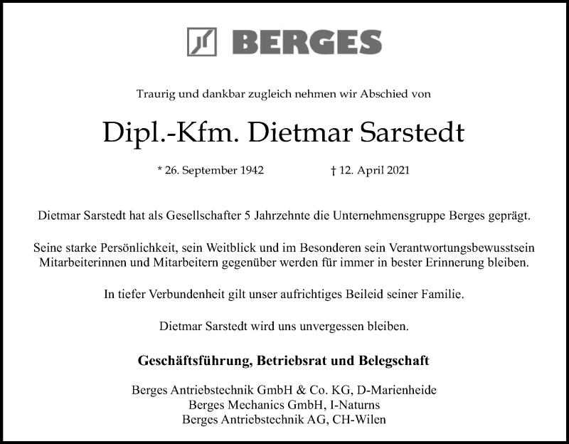  Traueranzeige für Dietmar Sarstedt vom 20.04.2021 aus Kölner Stadt-Anzeiger / Kölnische Rundschau / Express