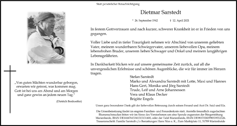  Traueranzeige für Dietmar Sarstedt vom 16.04.2021 aus  Anzeigen Echo 