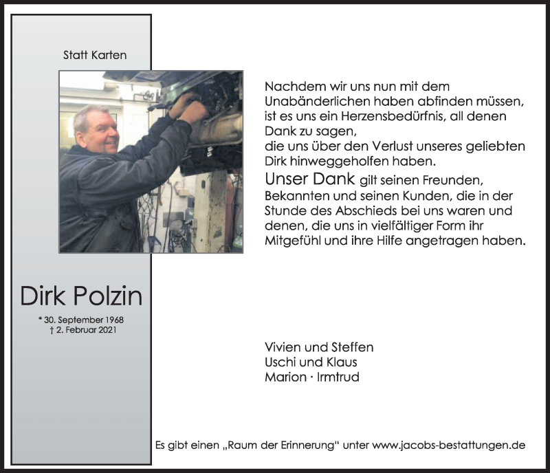  Traueranzeige für Dirk Polzin vom 01.04.2021 aus  Werbepost 
