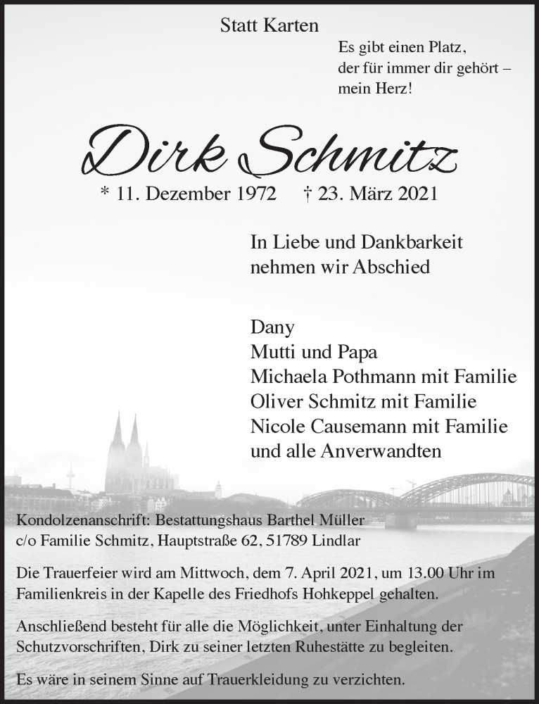  Traueranzeige für Dirk Schmitz vom 01.04.2021 aus  Anzeigen Echo 