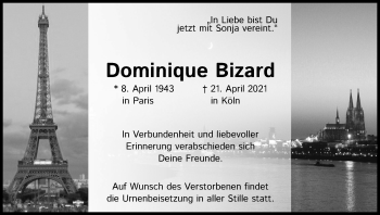 Anzeige von Dominique Bizard von Kölner Stadt-Anzeiger / Kölnische Rundschau / Express