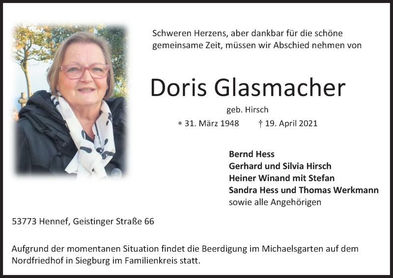  Traueranzeige für Doris Glasmacher vom 24.04.2021 aus Kölner Stadt-Anzeiger / Kölnische Rundschau / Express