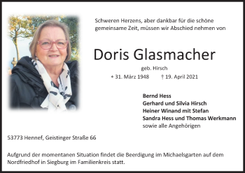 Anzeige von Doris Glasmacher von Kölner Stadt-Anzeiger / Kölnische Rundschau / Express