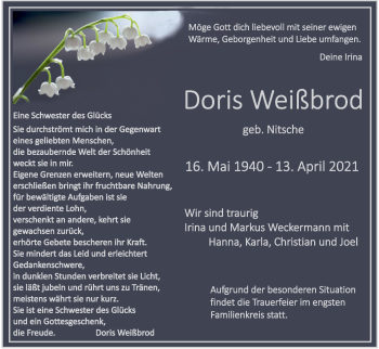 Anzeige von Doris Weißbrod von Kölner Stadt-Anzeiger / Kölnische Rundschau / Express