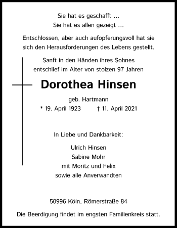 Anzeige von Dorothea Hinsen von Kölner Stadt-Anzeiger / Kölnische Rundschau / Express