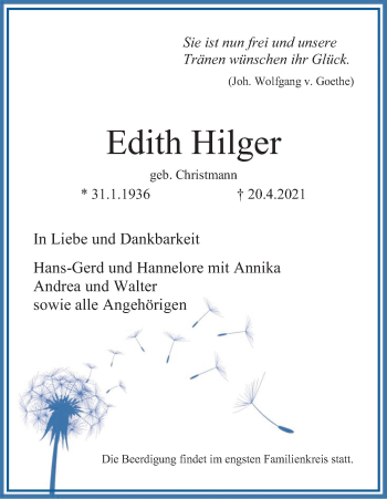 Anzeige von Edith Hilger von Kölner Stadt-Anzeiger / Kölnische Rundschau / Express