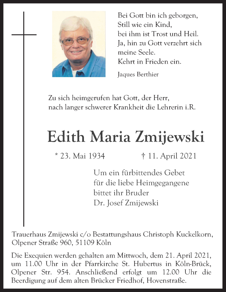  Traueranzeige für Edith Maria Zmijewski vom 17.04.2021 aus Kölner Stadt-Anzeiger / Kölnische Rundschau / Express