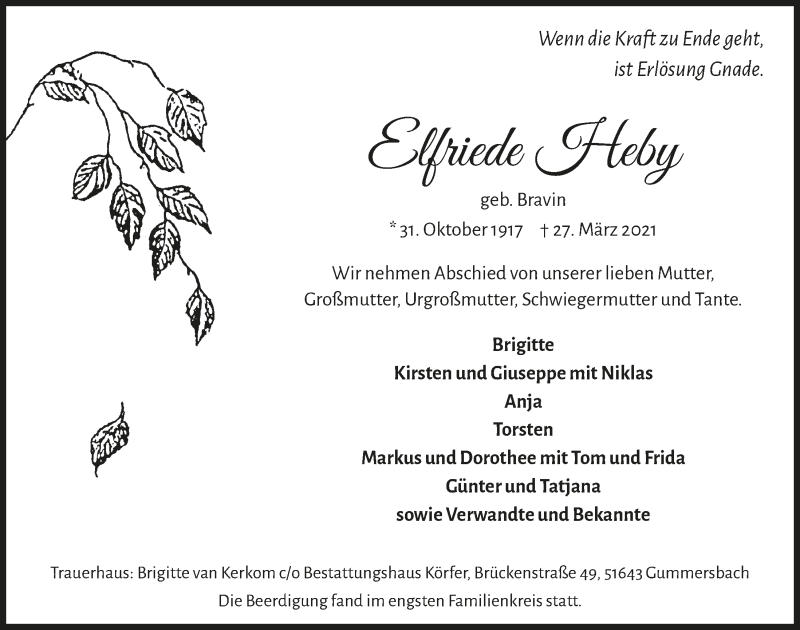  Traueranzeige für Elfriede Heby vom 09.04.2021 aus  Anzeigen Echo 