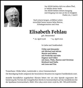 Anzeige von Elisabeth Fehlau von Kölner Stadt-Anzeiger / Kölnische Rundschau / Express