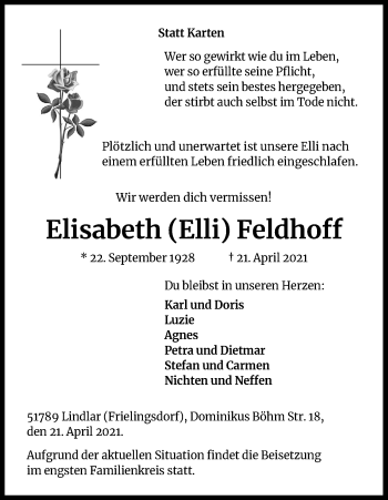 Anzeige von Elisabeth Feldhoff von Kölner Stadt-Anzeiger / Kölnische Rundschau / Express