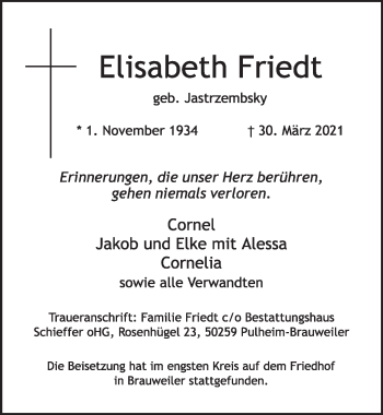 Anzeige von Elisabeth Friedt von  Wochenende 