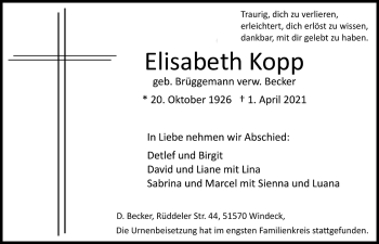 Anzeige von Elisabeth Kopp von  Lokalanzeiger 