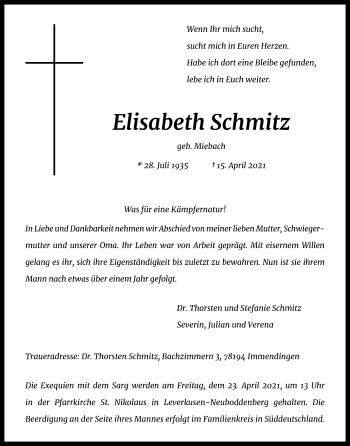 Anzeige von Elisabeth Schmitz von Kölner Stadt-Anzeiger / Kölnische Rundschau / Express