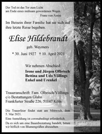 Anzeige von Elise Hildebrandt von  Kölner Wochenspiegel 