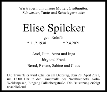Anzeige von Elise Spilcker von Kölner Stadt-Anzeiger / Kölnische Rundschau / Express