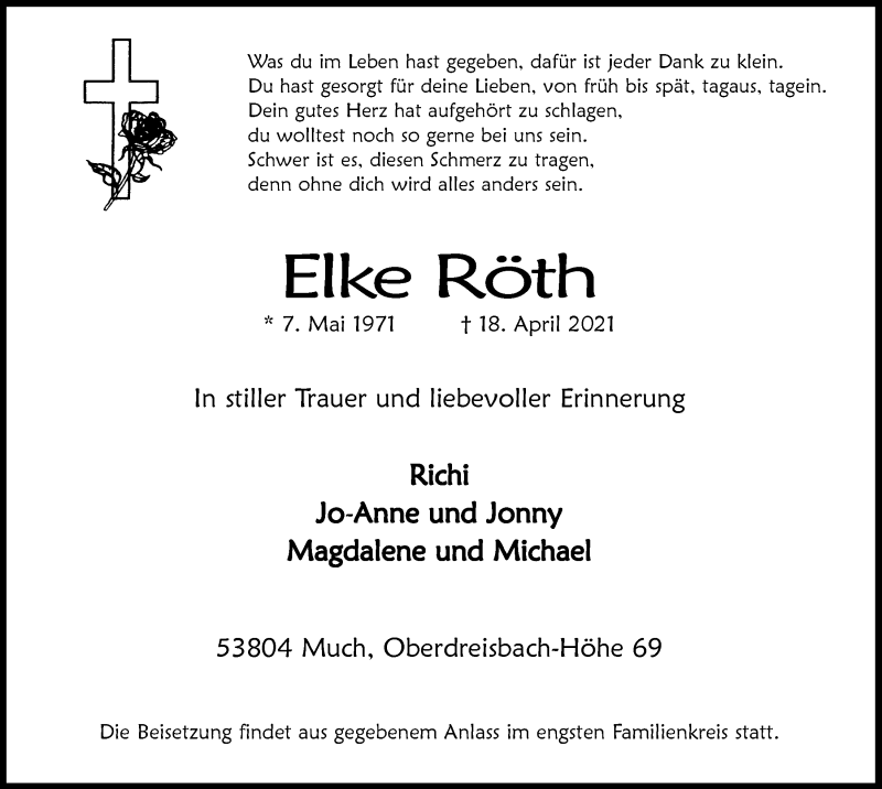  Traueranzeige für Elke Röth vom 23.04.2021 aus  Anzeigen Echo  Extra Blatt 