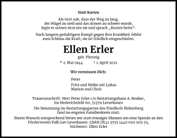 Anzeige von Ellen Erler von Kölner Stadt-Anzeiger / Kölnische Rundschau / Express