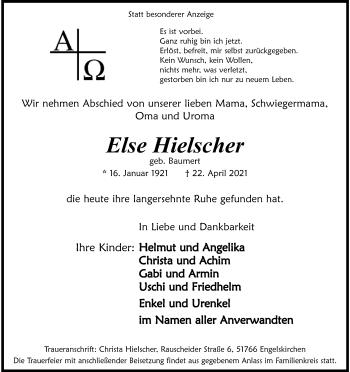 Anzeige von Else Hielscher von Kölner Stadt-Anzeiger / Kölnische Rundschau / Express