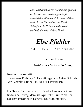 Anzeige von Else Pfahler von Kölner Stadt-Anzeiger / Kölnische Rundschau / Express