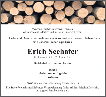 Anzeige von Erich Seehafer von Kölner Stadt-Anzeiger / Kölnische Rundschau / Express