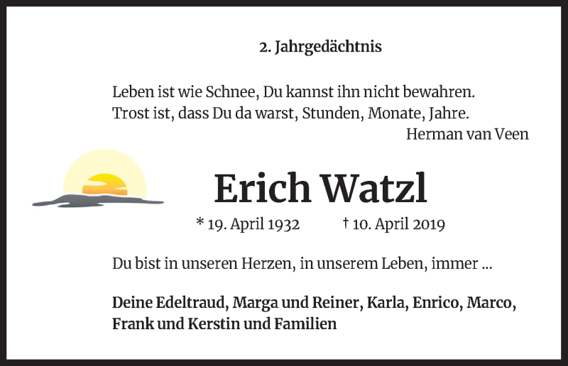  Traueranzeige für Erich Watzl vom 10.04.2021 aus Kölner Stadt-Anzeiger / Kölnische Rundschau / Express