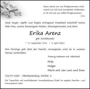 Anzeige von Erika Arenz von Kölner Stadt-Anzeiger / Kölnische Rundschau / Express