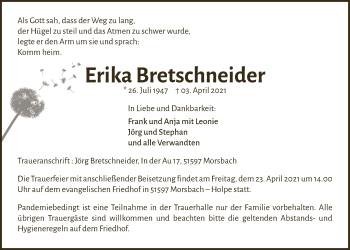 Anzeige von Erika Bretschneider von  Anzeigen Echo  Lokalanzeiger 