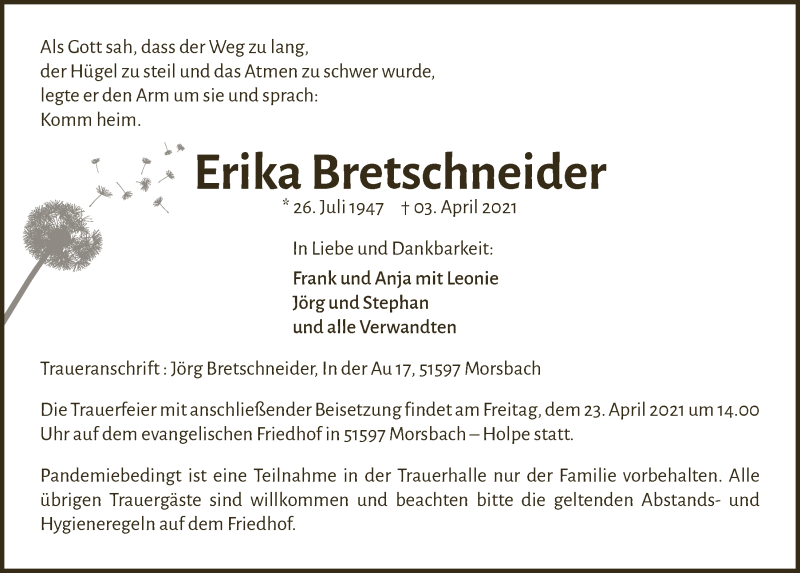  Traueranzeige für Erika Bretschneider vom 09.04.2021 aus  Anzeigen Echo  Lokalanzeiger 
