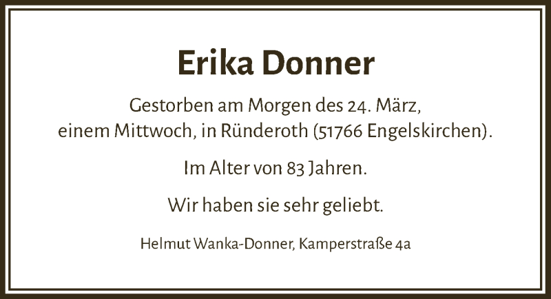  Traueranzeige für Erika Donner vom 01.04.2021 aus  Anzeigen Echo 