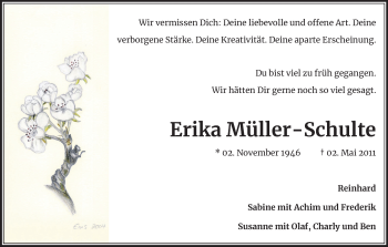 Anzeige von Erika Müller-Schulte von Kölner Stadt-Anzeiger / Kölnische Rundschau / Express