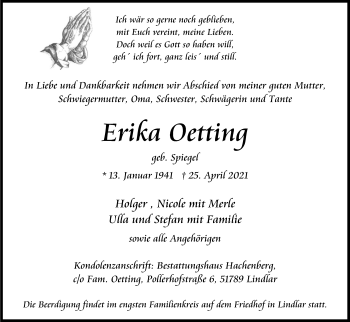Anzeige von Erika Oetting von Kölner Stadt-Anzeiger / Kölnische Rundschau / Express