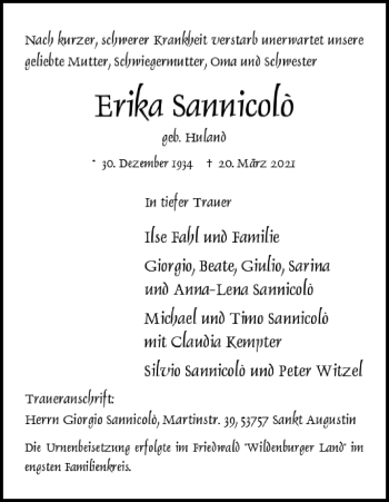 Anzeige von Erika Sannicolo von Kölner Stadt-Anzeiger / Kölnische Rundschau / Express