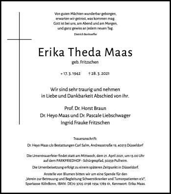 Anzeige von Erika Theda Maas von Kölner Stadt-Anzeiger / Kölnische Rundschau / Express