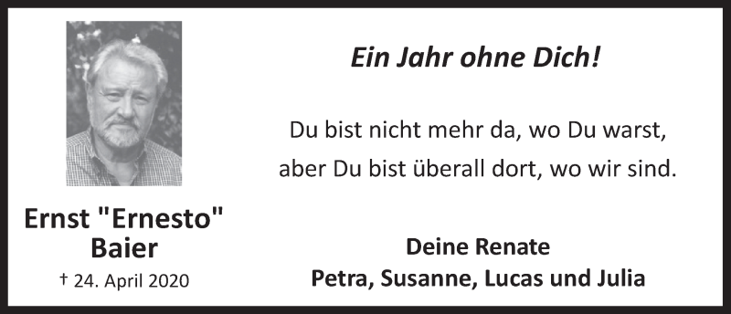  Traueranzeige für Ernst Baier vom 23.04.2021 aus  Kölner Wochenspiegel 