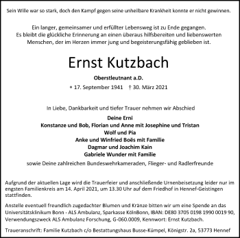 Anzeige von Ernst Kutzbach von Kölner Stadt-Anzeiger / Kölnische Rundschau / Express