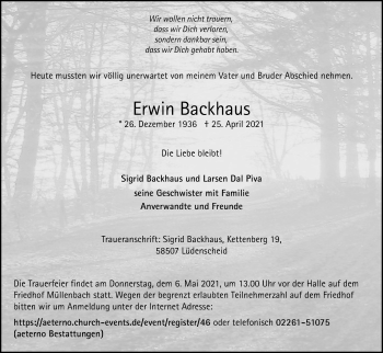 Anzeige von Erwin Backhaus von Kölner Stadt-Anzeiger / Kölnische Rundschau / Express