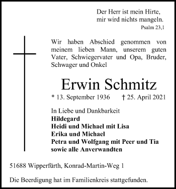 Anzeige von Erwin Schmitz von Kölner Stadt-Anzeiger / Kölnische Rundschau / Express