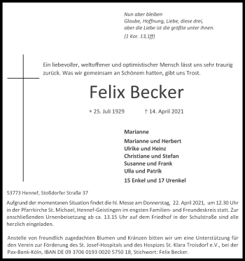 Anzeige von Felix Becker von Kölner Stadt-Anzeiger / Kölnische Rundschau / Express