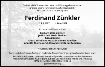 Anzeige von Ferdinand Zünkler von Kölner Stadt-Anzeiger / Kölnische Rundschau / Express