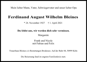 Anzeige von Ferdinand August Wilhelm Bleines von Kölner Stadt-Anzeiger / Kölnische Rundschau / Express