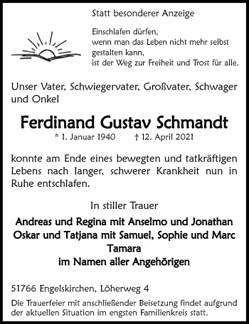 Anzeige von Ferdinand Gustav Schmandt von  Anzeigen Echo 