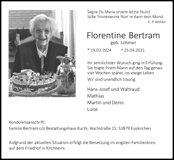 Anzeige von Florentine Bertram von Kölner Stadt-Anzeiger / Kölnische Rundschau / Express