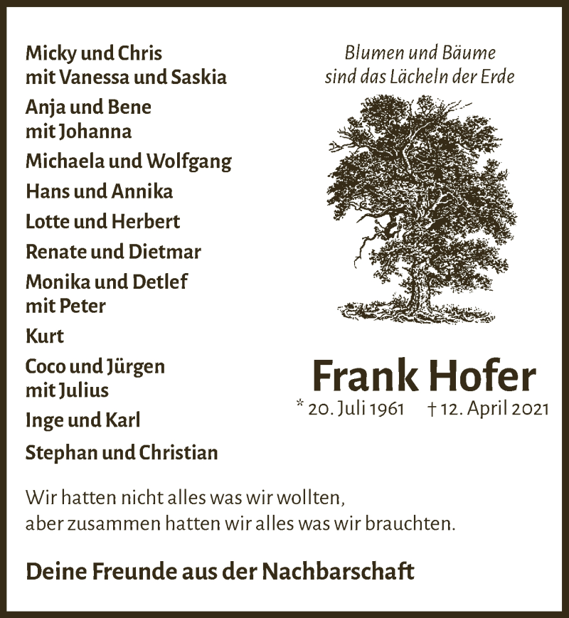  Traueranzeige für Frank Hofer vom 16.04.2021 aus  Schlossbote/Werbekurier 
