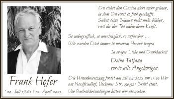 Anzeige von Frank Hofer von  Schlossbote/Werbekurier 