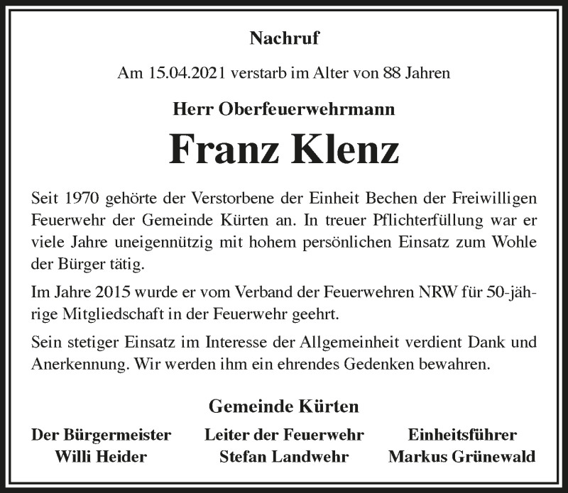  Traueranzeige für Franz Klenz vom 23.04.2021 aus  Bergisches Handelsblatt 