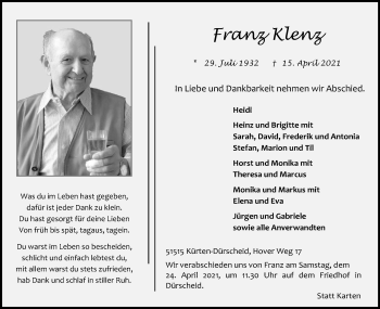 Anzeige von Franz Klenz von Kölner Stadt-Anzeiger / Kölnische Rundschau / Express